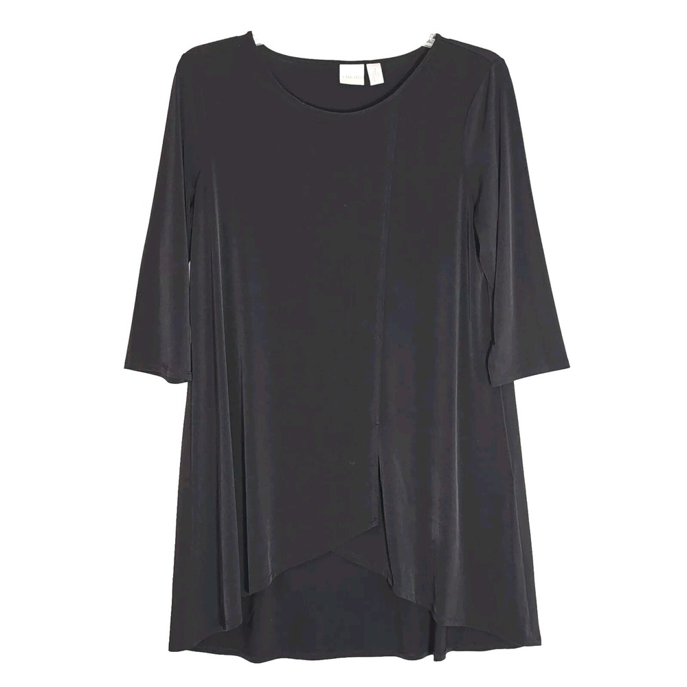 Chicos Dress Womens 2 Large Black Wrap Tunic 3/4 Sleeve Stretch Comfy Asymmetric